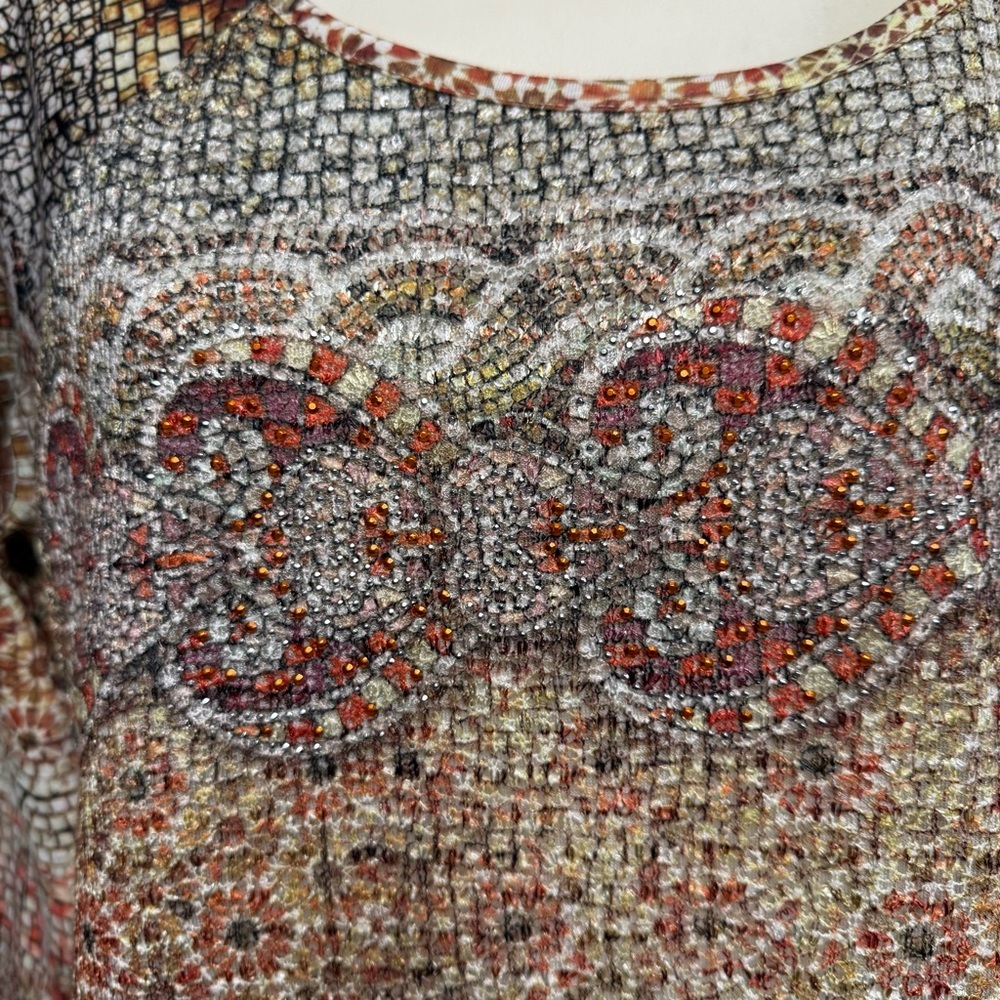 Christopher & Banks XL mosaic Multicolor Patterned Top sequins 3/4 sleeve - Picture 8 of 8
